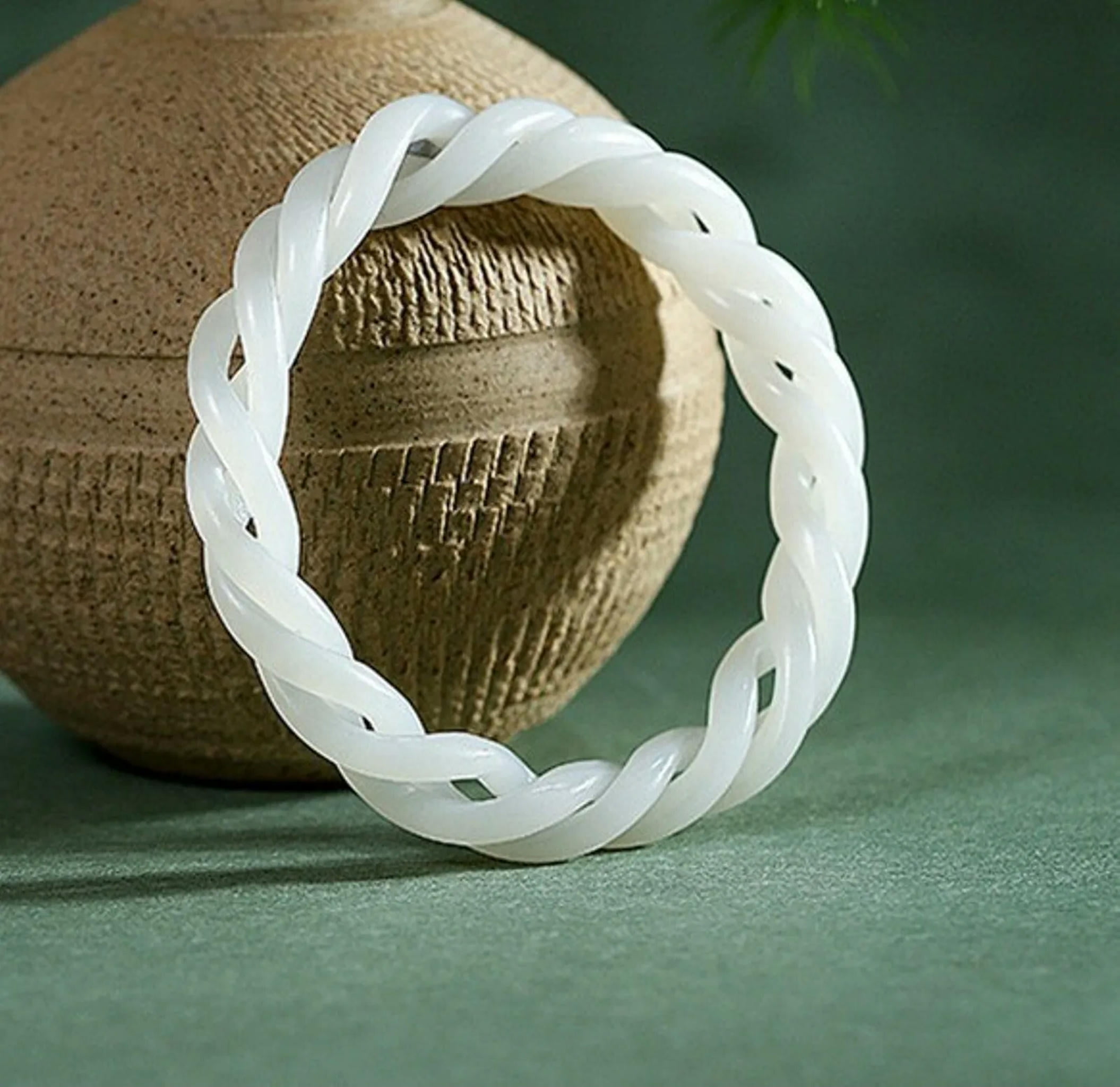HOOUN Natural White Jade Bangle Women Lucky Hollow Spiral Twist Bracelet