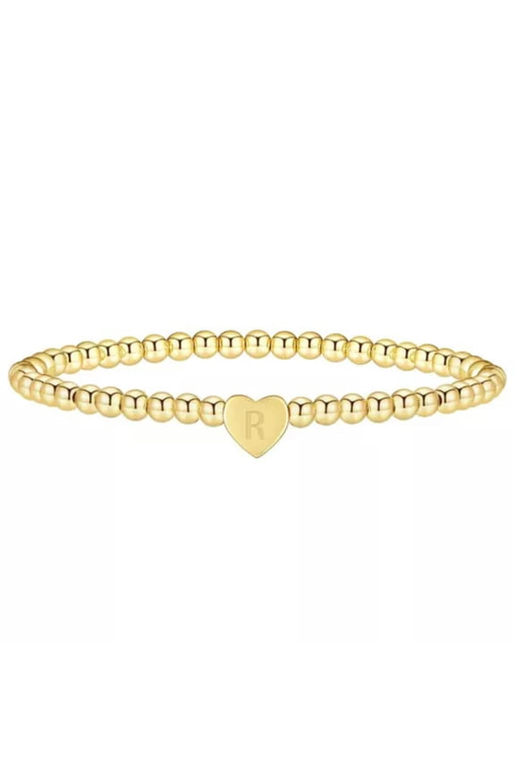 New Copper Beads Heart 26 Initial Letters Gold Plated Beaded Bracelets Stretch -letter R