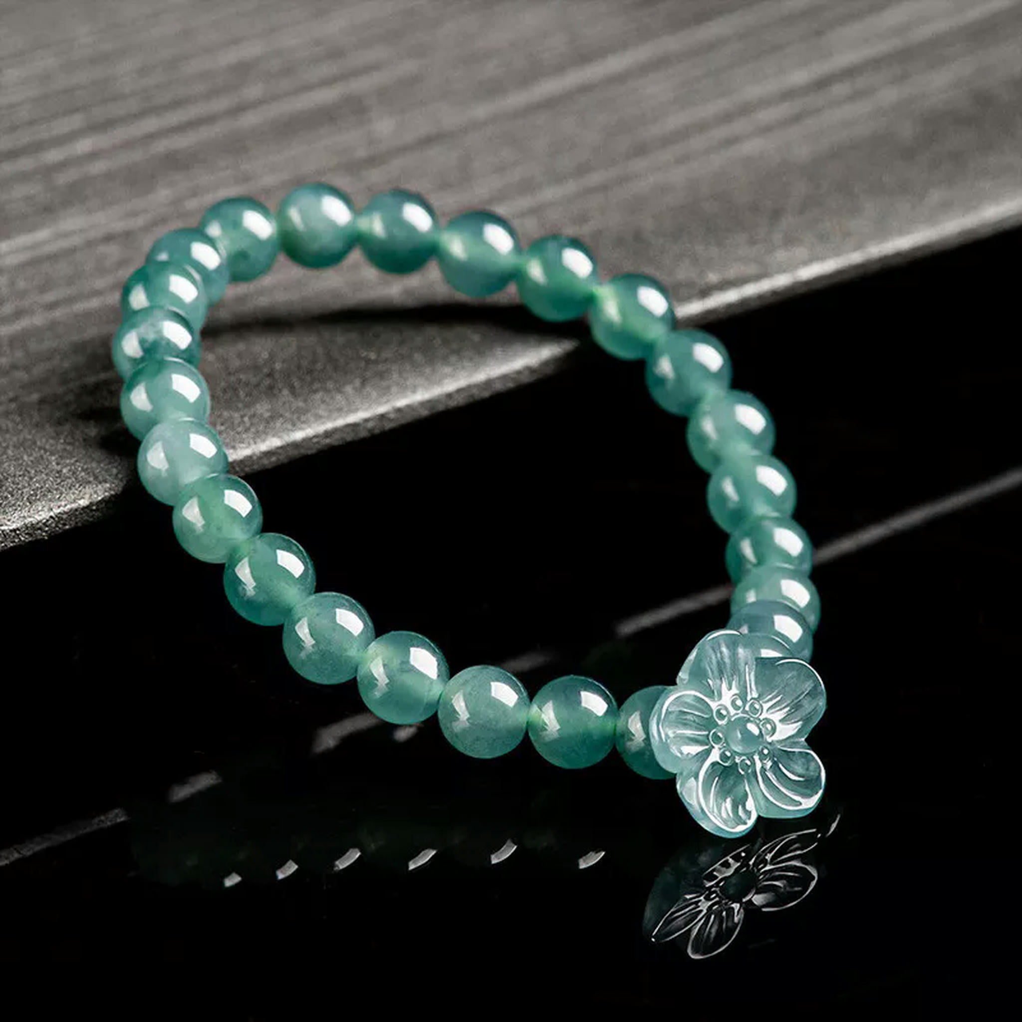 HOOUN New Natural Jade Jadeite 6.5mm Round Beads with Flower Link Women Bracelet 1PCS