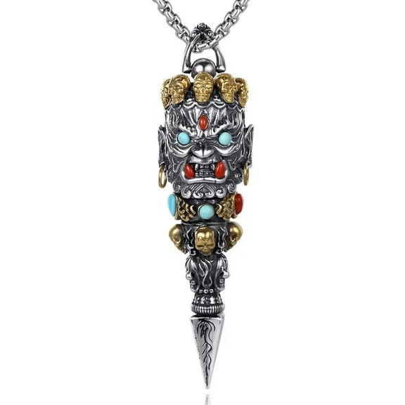 HOOUN New Stainless Steel Buddhist Amulet Turquoise Prayer Wheel Necklace Pendant Gift
