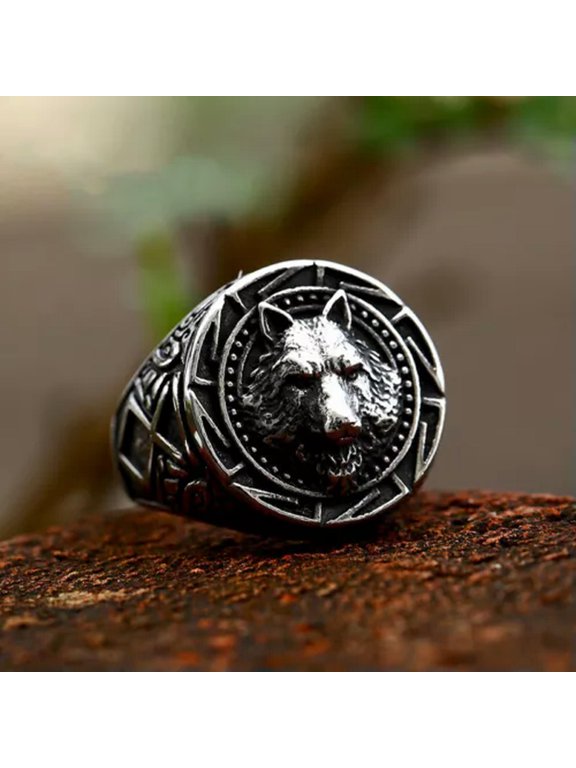 Nordic Tribal Viking Wolf Totem Ring Stainless Steel Vintage Punk Wolf Head Ring-11