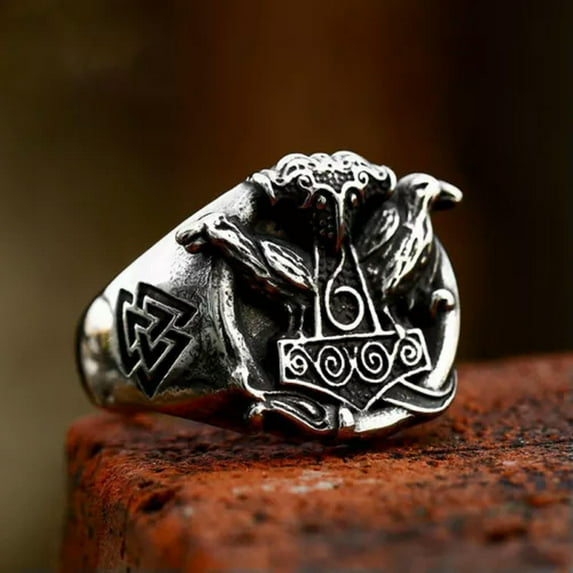HOOUN Nordic Viking Odin's Raven Totem Signet Ring Stainless Steel Retro Biker Ring-8