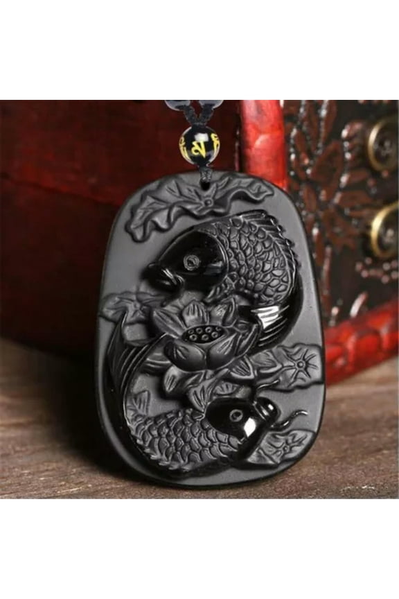 Obsidian Carved Fish Lotus Pendant Lucky Beads Chain Necklace Amulet Jewelry