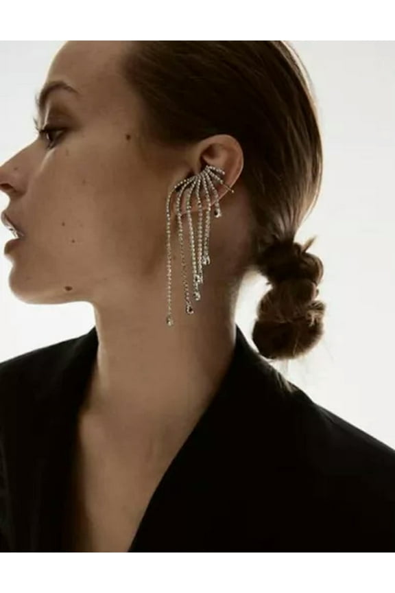 One Silver Ear Climber Earring Tassel Spiked Ear Cuff 1 Ear Wrap Crawler Crystal