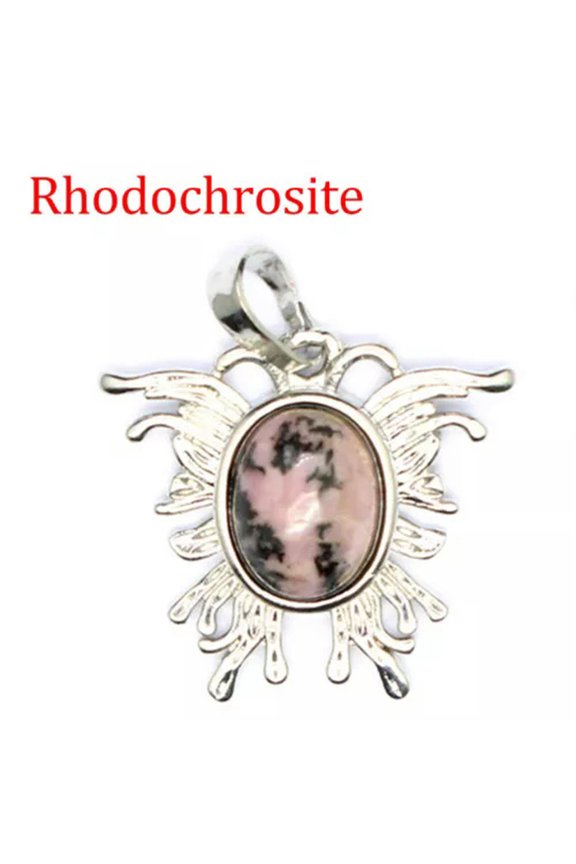 Oval Crystal Bead Mini Moth Butterfly Shape Pendant Chakra Gemstone Healing Gift-Rhodochrosite-1PC (Random Pick)