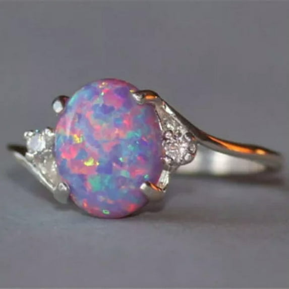 HOOUN Oval Fire Opal Ring for Women Silver Engagement Rings Wedding Jewelry Size 5-10-8-1#