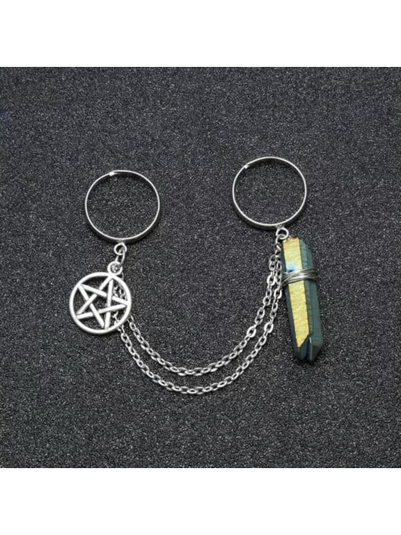 PENTAGRAM & NATURAL QUARTZ CHAINED DOUBLE RINGS Pentacle Crystal Wiccan Gothic-Blue + Gold