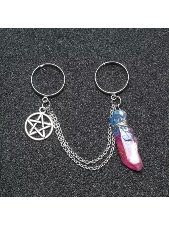 PENTAGRAM & NATURAL QUARTZ CHAINED DOUBLE RINGS Pentacle Crystal Wiccan Gothic-Blue + Pink