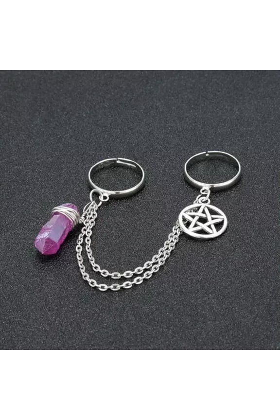 PENTAGRAM & NATURAL QUARTZ CHAINED DOUBLE RINGS Pentacle Crystal Wiccan Gothic-Rose