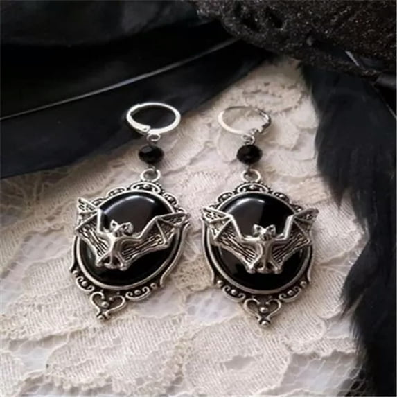 HOOUN Party 925 Silver Gothic Bat Black Earrings Ring Necklace Jewelry Set Halloween-Earrings