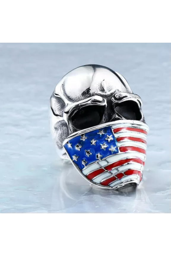 Patriot Skeleton US Flag Mask Skull Ring Stainless Steel Gothic Punk Biker Ring-12