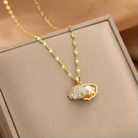 HOOUN Pearl Necklace For Women Full Of Rhinestones Shell Necklace Metal Mecklace@-Gold-