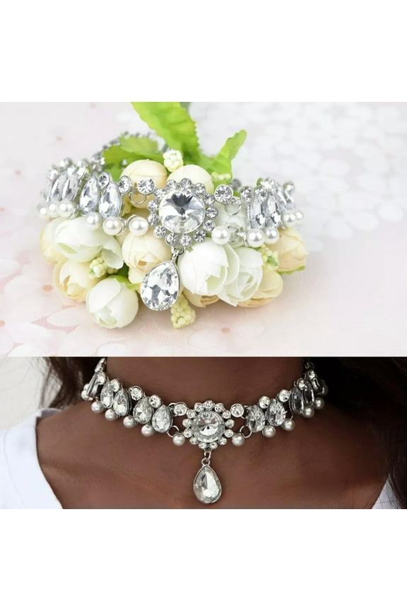 Pearl Statement Necklace Rhinestone Choker White Women's Bride Miss