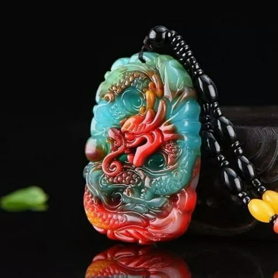 HOOUN Pendant Necklace Jewelry Carved Amulet Gift Natural Colour Jade Dragon-2.08inch