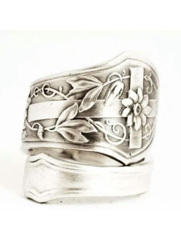 Personalized Floral Blossom Spoon Ring Silver Wrapped Adjustable Ring Men Women-2#