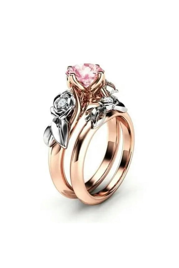 Pink 2pcs/set Rose Floral Rings Solitaire Wedding Party Jewelry Gift Size 6-10-#1-7