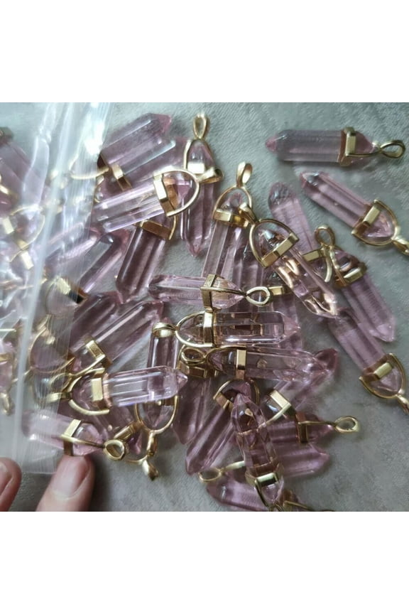Pink Crystal Glass 50pcs Gold Hexagonal Column Stone Pendants Jewelry Making