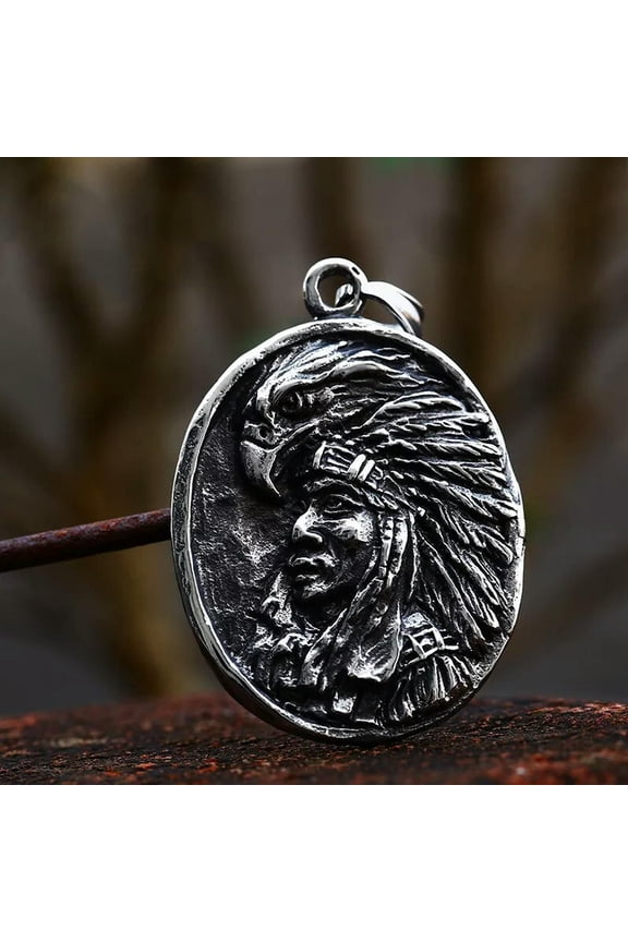 Primitive Tribal Chief Eagle Indian Pendant Stainless Steel Jewelry Necklace