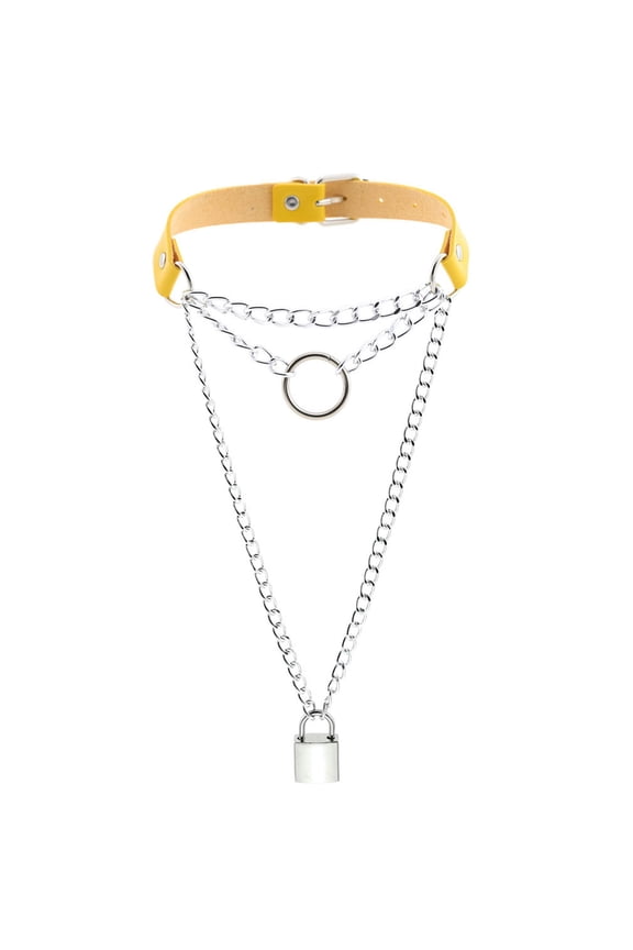 Pu Leather Circular Collar Necklace Punk Chain Lock Pendant Neck Strap Chain-Yellow