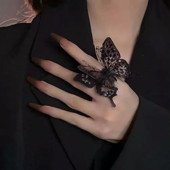 HOOUN Punk Butterfly Ring Black Exaggerate Gothic Three-Dimensional Vintage Ring G-yy-Black-