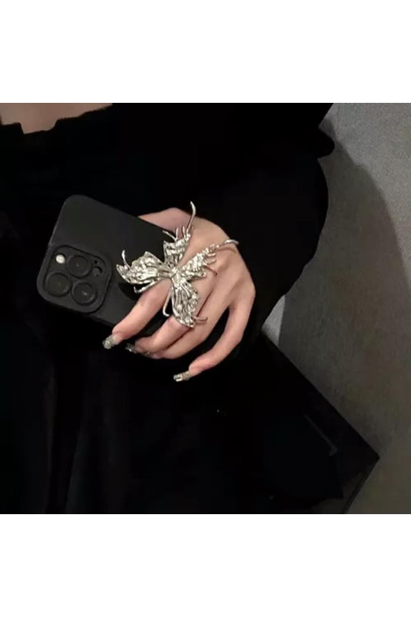 Punk Butterfly Ring Black Exaggerate Gothic Three-Dimensional Vintage Ring G-yy-Silver-