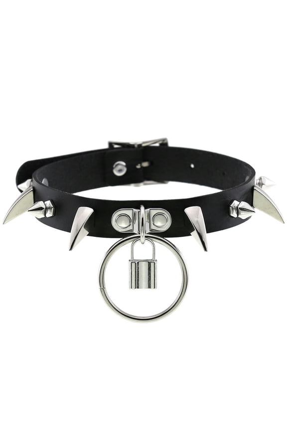 Punk Gothic Leather Rivet Collar Necklet Locking Neck Chain Collarbone Necklace-Black