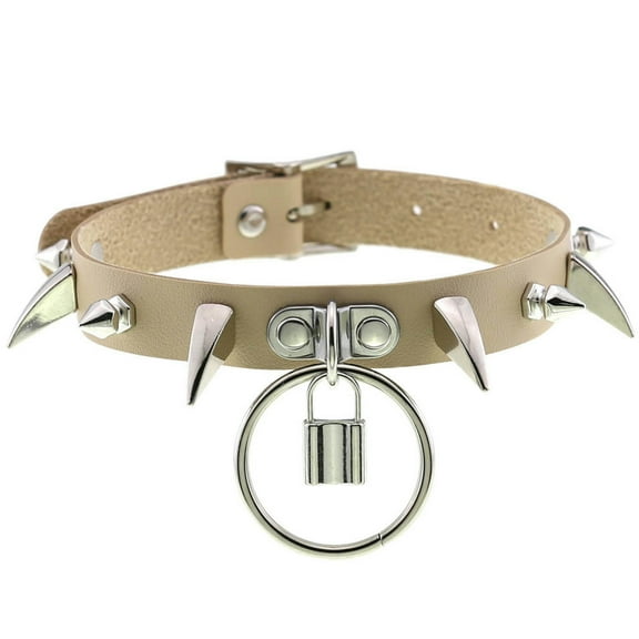 HOOUN Punk Gothic Leather Rivet Collar Necklet Locking Neck Chain Collarbone Necklace-Cream