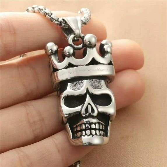 HOOUN Punk Gothic Silver Crown Skull Pendant Necklace Men's Jewelry Chain 24" Gift