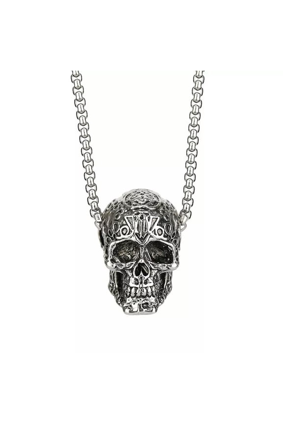 Punk Gothic Silver Skull Pendant Necklace Men's Rock Biker Jewelry Box Chain 24"