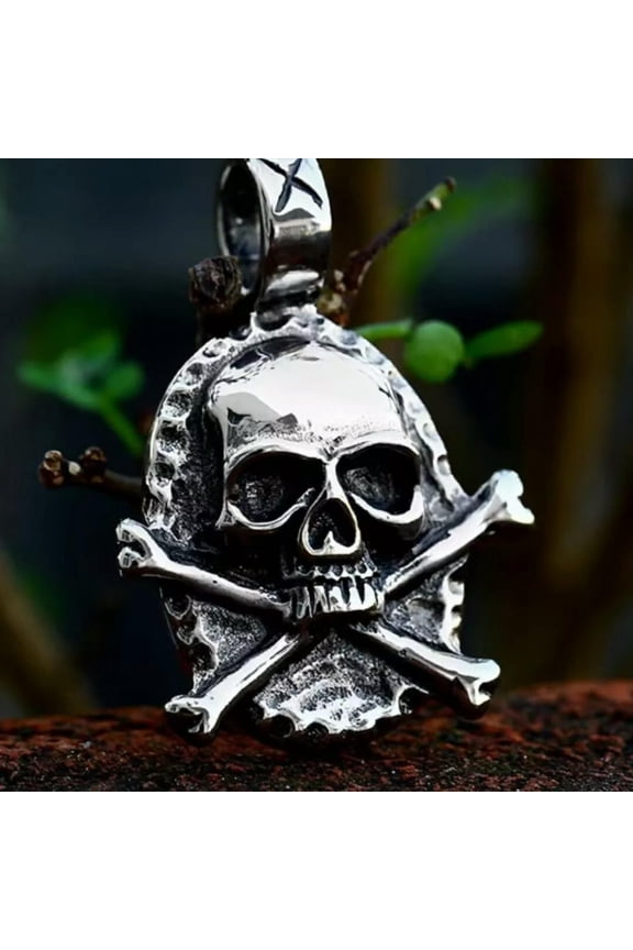 Punk Silver Skull Crossbones Pendant Necklace Retro Rock Jewelry Stainless Steel