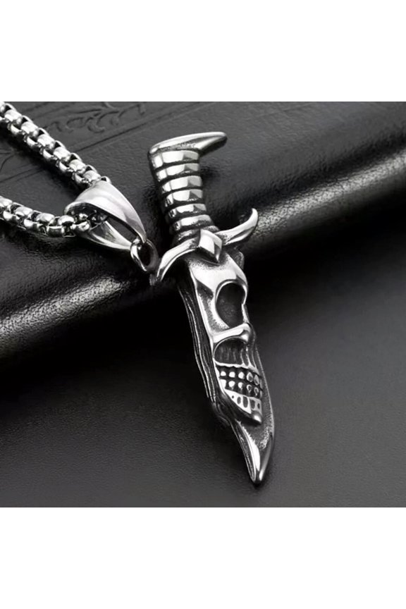 Punk Silver Skull Dagger Pendant Necklace For Men Retro Rock Jewelry Chain 24"