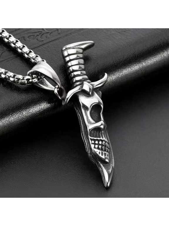 Punk Silver Skull Dagger Pendant Necklace For Men Retro Rock Jewelry Chain 24"