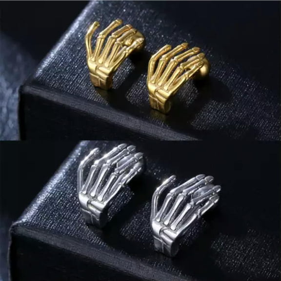 HOOUN Punk Skull Hand Screw Back Stud Earrings Men Unisex Stainless Steel Jewelry Gift-Gold