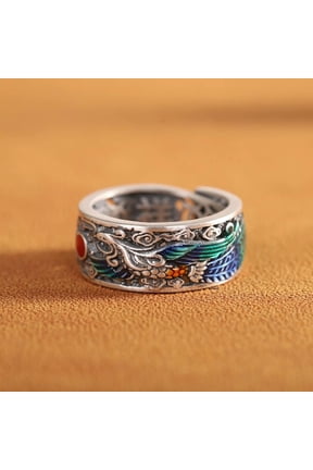 Pure 990 Fine Silver Band Men Women Lucky Hollow Enamel Dragon Phoenix Ring