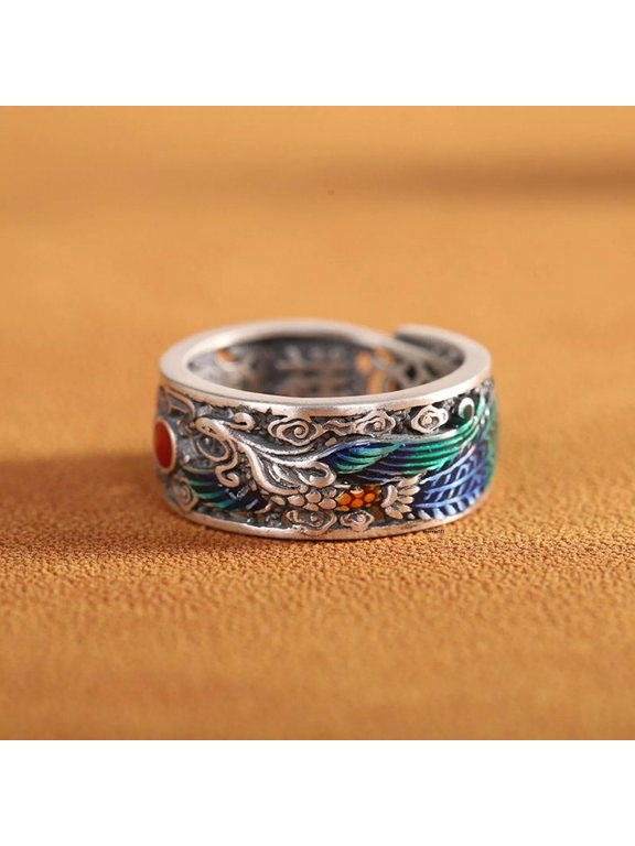 Pure 990 Fine Silver Band Men Women Lucky Hollow Enamel Dragon Phoenix Ring
