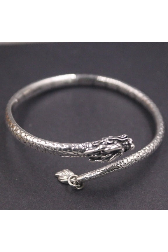 Pure 999 Fine Silver Bangle Women Lucky Carved Tail Dragon Cuff Bracelet29-30g
