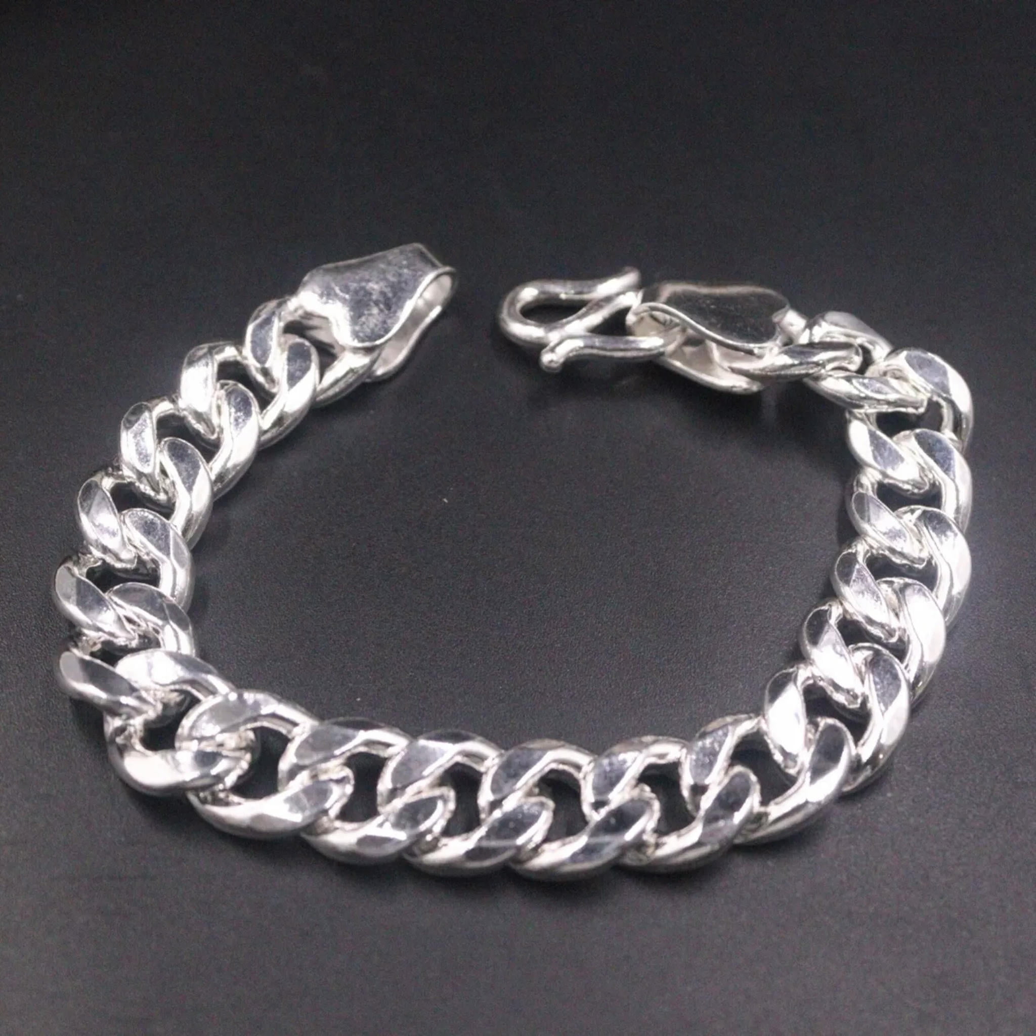 HOOUN Pure 999 Fine Silver Chain Men 12mm Cuban Curb Link Bracelet 60-61g/7.8inch
