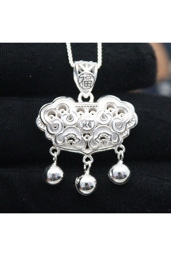 Pure 999 Fine Silver Men Women Gift Lucky Bell Hollow Lock Bag Pendant 7.33g