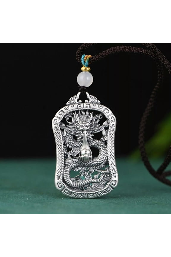 Pure 999 Fine Silver Men Women Gift Lucky Hollow Carved Dragon Oblong Pendant