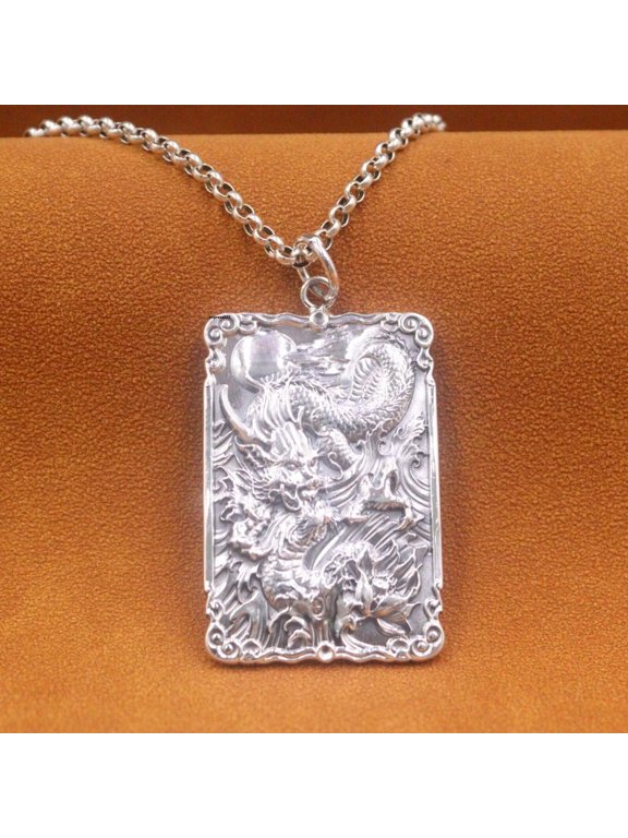 Pure 999 Fine Silver Men Women Lucky Carved Amazing Cloud Dragon Oblong Pendant
