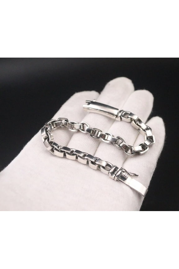 Pure S925 Sterling Silver Chain Men Women 7mm Glossy Square Box Link Bracelet