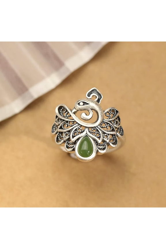 Pure S925 Sterling Silver Natural Nephrite Jade Jasper Lucky Women Phoenix Ring
