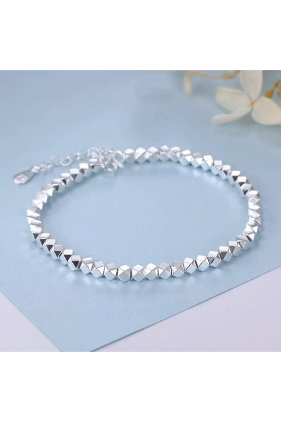 Pure S990 Fine Silver Chain Women Geometry Beads Link Lucky Bracelet 7.5g
