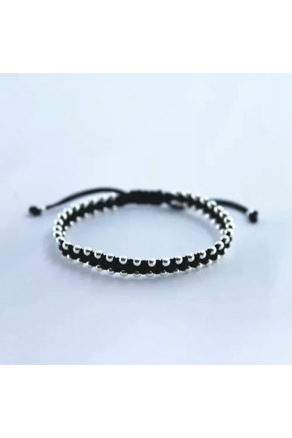 Pure S990 Sterling Silver Beads Black String Thread Braided Woven Rope Bracelet