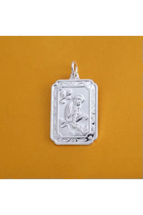 Pure S990 Sterling Silver New 12 Symbolic Animals Zodiac Square Oblong Pendant -Monkey