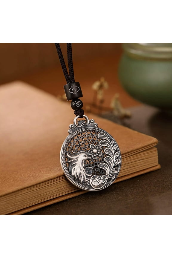 Pure S999 Sterling Silver Men Women Hollow Flower Phoenix Round Pendant 16.5g