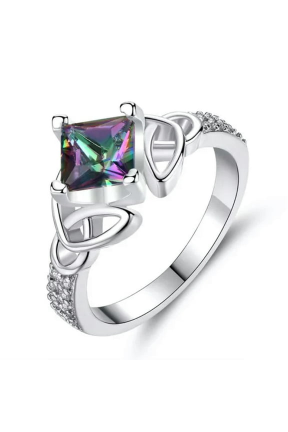 Rainbow Mystic Topaz Rings 925Silver Crystal Gemstone Ring Wedding Bride Jewelry-01# Rainbow-6