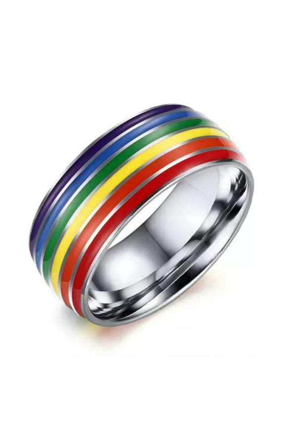 Rainbow Titanium Steel Ring Men/Women Wedding Band Gay Les Pride LGBT Size 7-12-Silver-8