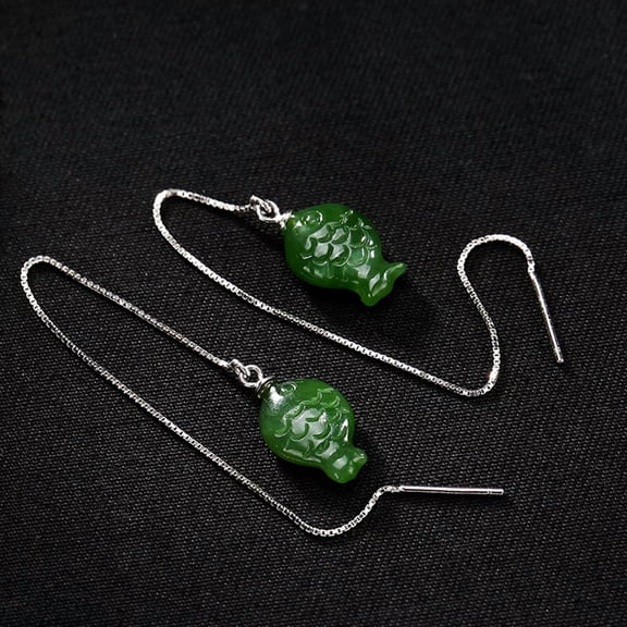 HOOUN Real 925 Sterling Silver Natural Jade Jasper Fish Box Chain Dangle Earrings