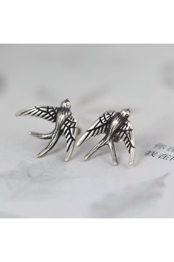 Real 925 Sterling Silver Stud Men Women Lucky Bird Swallow Earrings